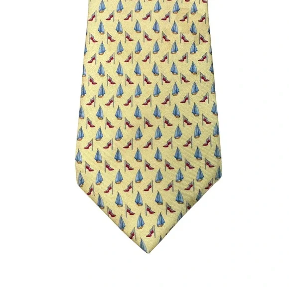 Salvatore Ferragamo Yellow Silk Tie Sailboat High Heel Shoe Novelty Print Italy