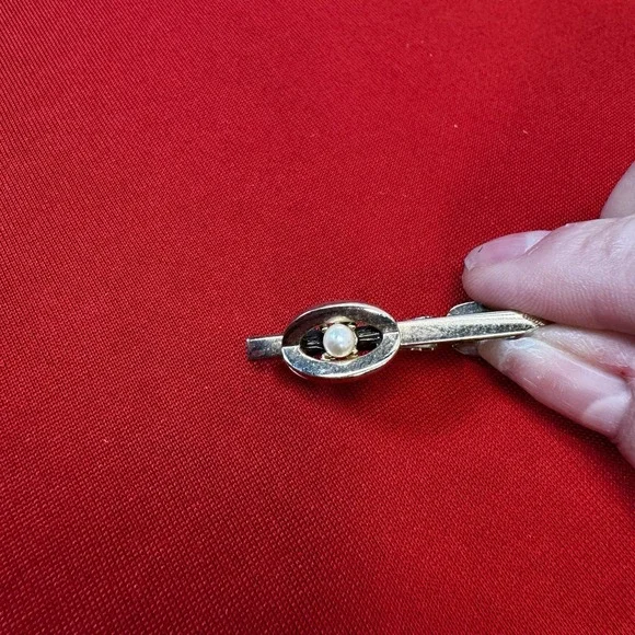 Vintage Shiny‎ Gold Tone TIE BAR CLIP CLASP STAY Faux Pearl