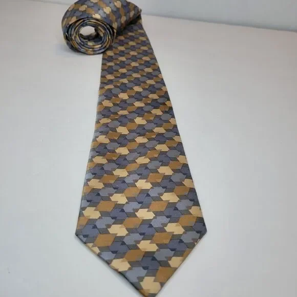 DKNY Tie -  3.75 in Brown Blue Geometric Silk Necktie‎ - Men's Classic