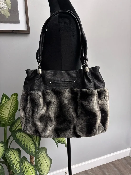 b. makowsky Black & Gray Faux chinchilla Fur and Leather Tote
