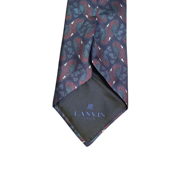 Lanvin Paris Mens Silk Tie Navy Blue Paisley Geometric Made in France Luxury‎