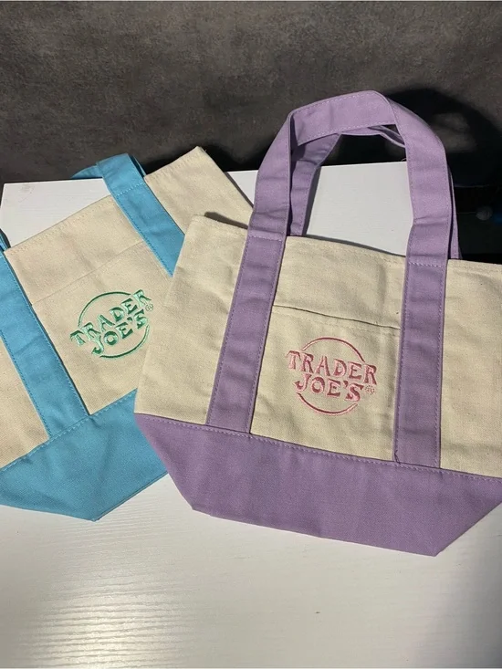 Trader Joes Mini Canvas Tote Bag Set Light Blue and Purple Lavender NWT