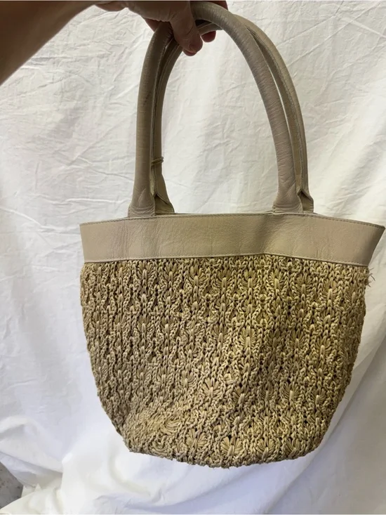 Neutral Woven Tote Bag with Leather Trim
