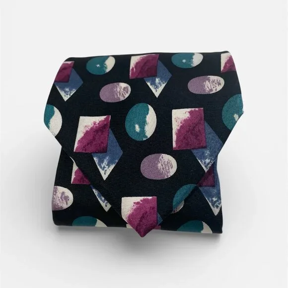 Givenchy Monsieur Vintage 100% Bold Colorful Geometric‎ Necktie Tie Mens Black