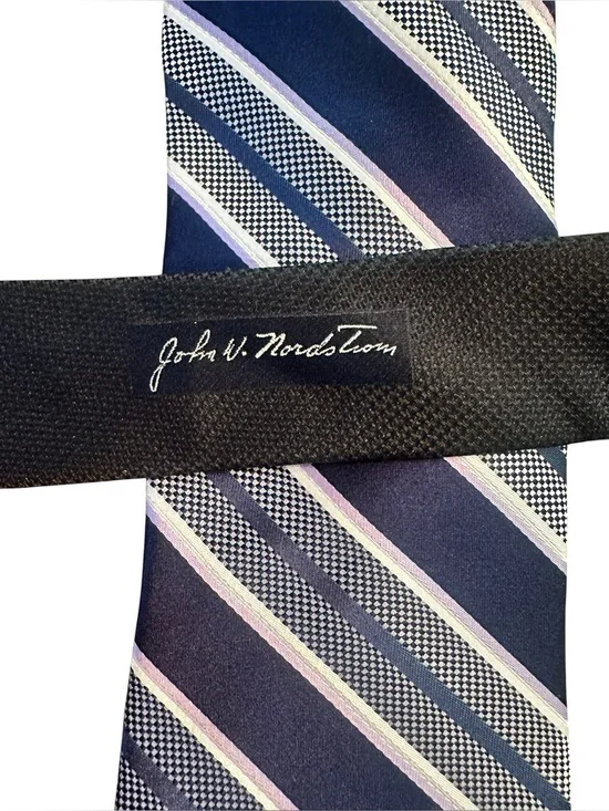 NWT John W. Nordstrom Silk Tie NavyBlue Lavender White Stripe - Preppy
