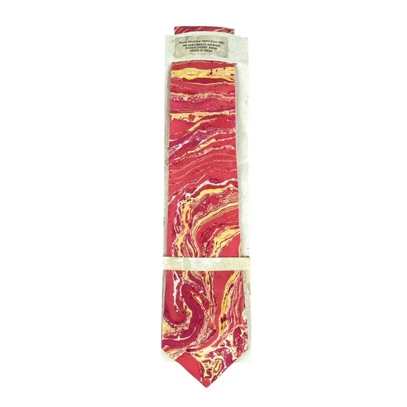 VTG Harmonie Sri Aurobindo Ashram Pure Silk Tie Hand Marbled Pink Gold 58x3