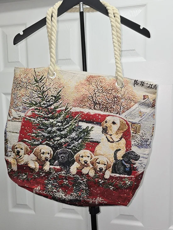 Tapestry Puppy Holiday Tote Bag in Red and Cream