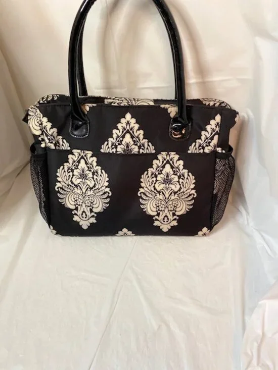 Chic Damask Insulated Lunch Bag Tote – Black & Cream Baroque Cooler with Patent