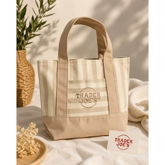 Trader Joe's Mini Canvas Tote Bag Tan Cream Striped Embroidered Logo Small Bag