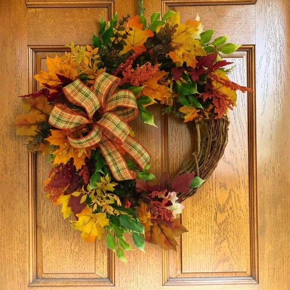 Autumn Crescent Wreath with Plaid Bow, Orange Maple Leaves, Vibrant colors