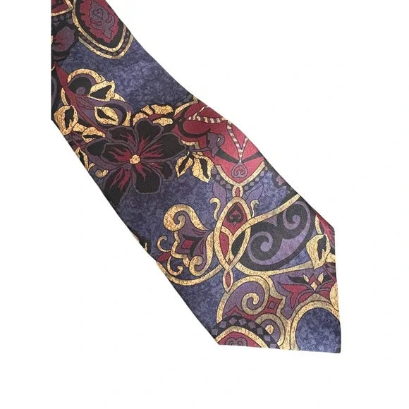Vintage IZOD 100%‎ Silk Tie Floral Baroque Navy Purple Burgundy Gold USA
