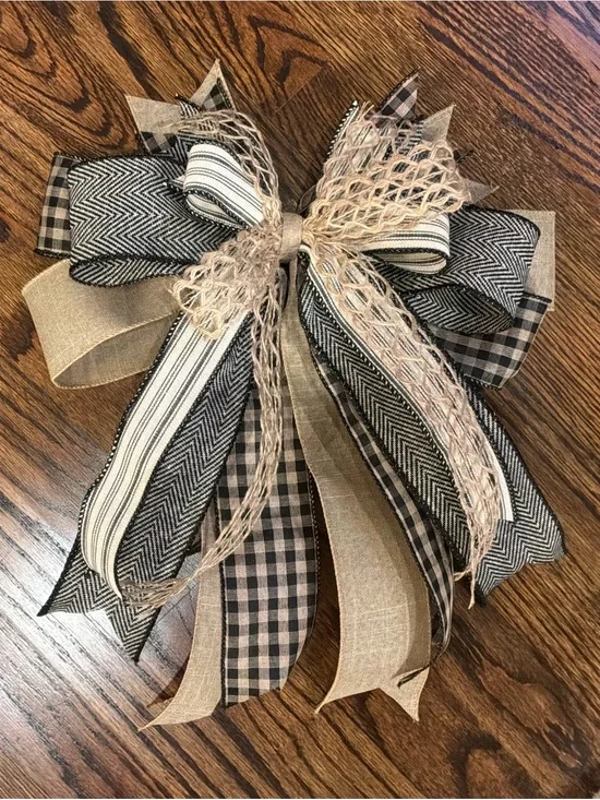 Neutral Buffalo Check and Burlap Ribbon Bow Wreath Accent