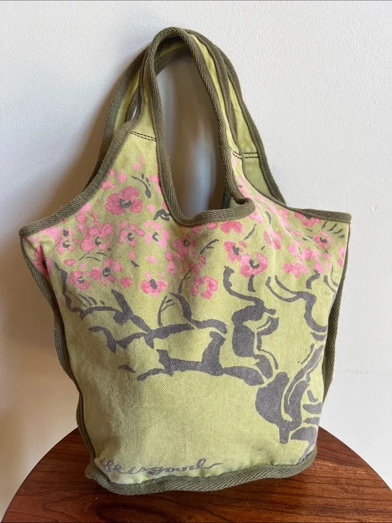 Life Is Good cherry blossoms Olive Green Canvas Tote with Pink Floral Print
