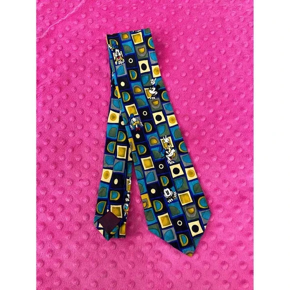 The Disney Store Silk‎ Tie Mens Blue Geometric Mickey Donald Goofy Vintage