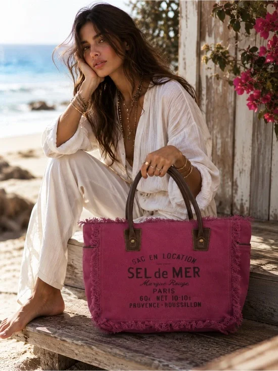 Myra Bag Sel de Mer Pink Canvas Fringe Tote Bag Leather Handles Boho Coastal