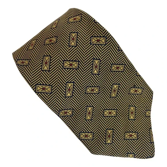 PAUL FREDRICK‎ Mens Silk Necktie Navy Gold Geometric Rectangles 57