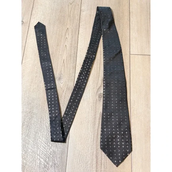Disney Parks Mickey Mouse Silk Tie Black Charcoal Grey Geometric Pattern Mens