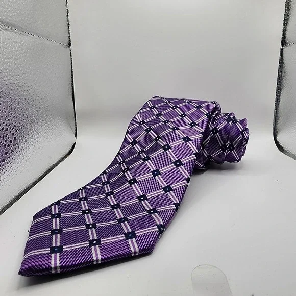 Jos. A. Bank Reserve Mens Silk Tie Purple Geometric‎ Grid Plaid Woven Necktie