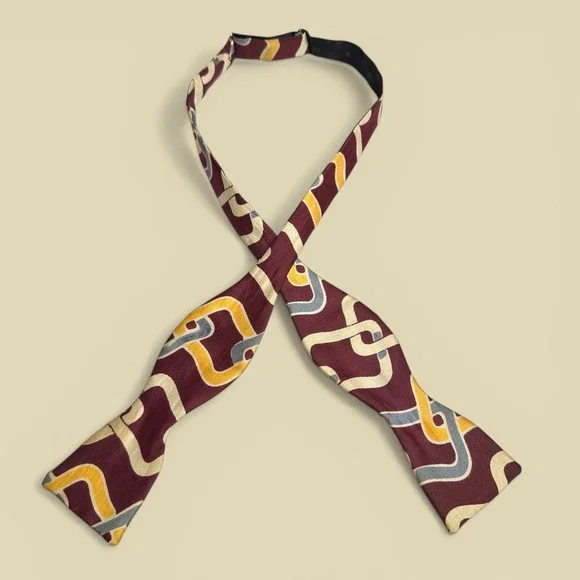 Vintage U-SET SIZE Mens Bowtie Burgundy Yellow Abstract Geometric Self Tie 13-16