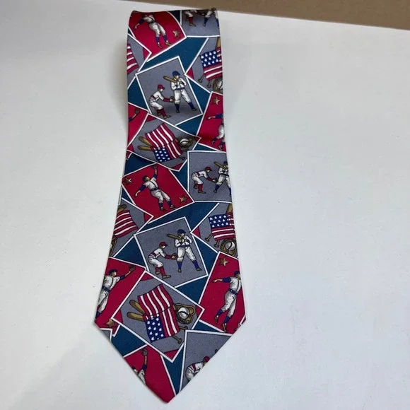 Don Loper Beverly Hills Mens Tie Baseball American Flag Patriotic Red Blue Retro