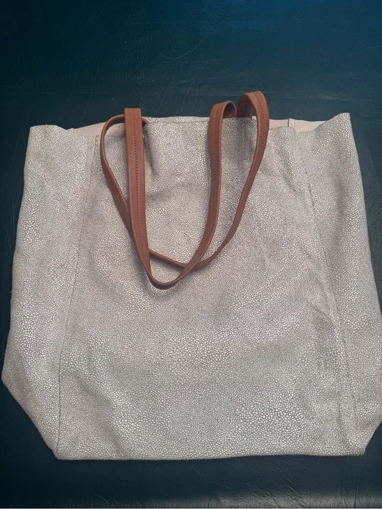 White and Silver Shimmery Textured Leather Tote Bag with Brown Straps