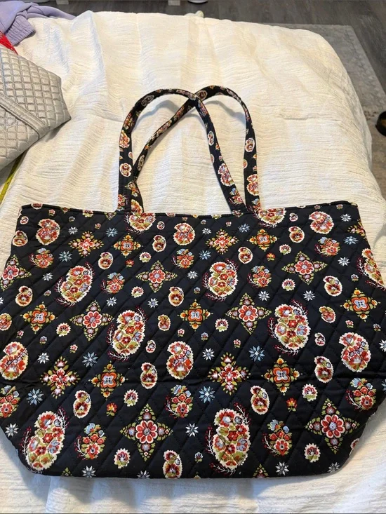 Vera Bradley Black Quilted Floral Tote with Multicolor Medallions