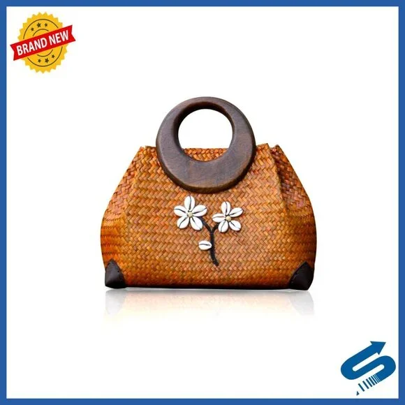 Hand-woven Rattan Tote Boho Wooden Handle Beach Bag Retro Elegant Travel