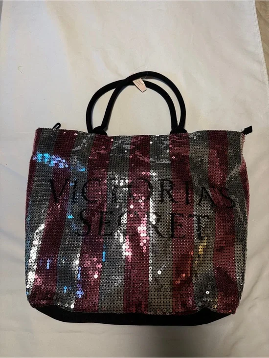 Victoria's Secret Pink Silver Sequin Stripe Tote Bag Y2K Glam nwt