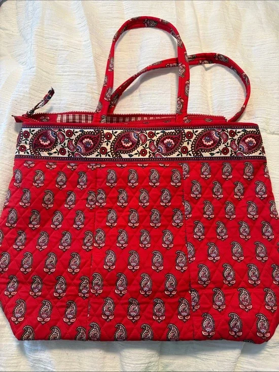 Vera Bradley Red Paisley Quilted Tote with Cream Trim