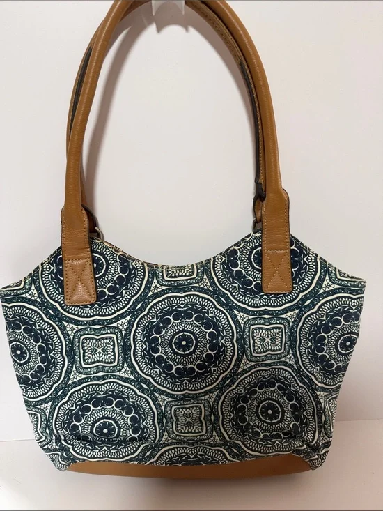 croft & barrow Navy Medallion Canvas Tote with Brown Handles