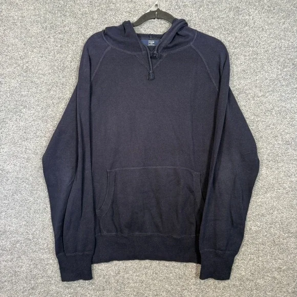 J Crew Hoodie Mens Large Navy Blue Cotton Knit Pullover Lightweight Pouch Pocket