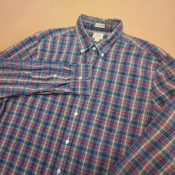 J.Crew Organic Cotton Indigo Chambray Plaid Button-Down Shirt Blue Red Sz Large