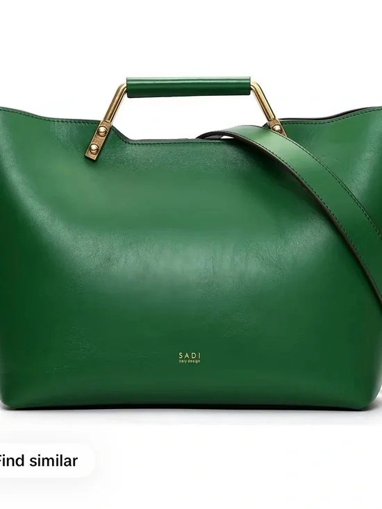 Green Leather Tote with Gold Handle and Strap