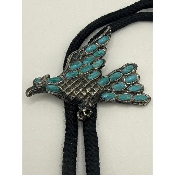 Sancrest Bird in Flight Bolo Tie Silver Tone Faux Turquoise Southwest Cord