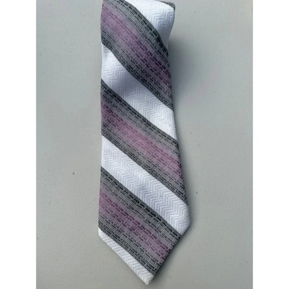 Mens Purple Grey White Diagonal Striped Chevron Texture Polyester Necktie 56x4