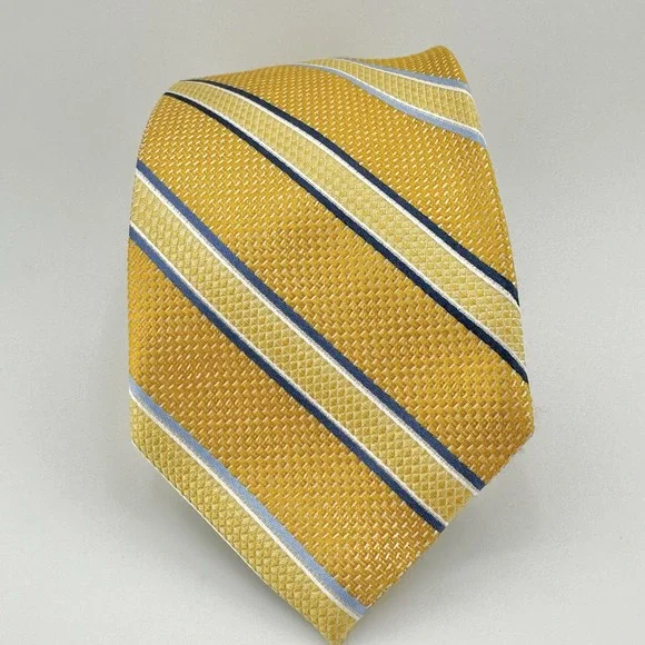 Pronto Uomo Platinum Gold Blue Striped Tie Men's 100% Silk Handmade - Excellent