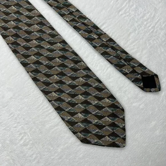 Ferrell Reed Mens Silk Necktie Tie Brown Blue Geometric Handmade in USA