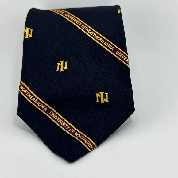 University of Northern Iowa UNI 100% Silk Necktie Schreter Navy Purple Gold