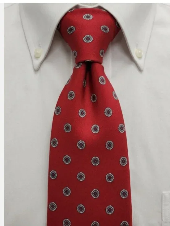 Brooks Brothers Mens Red Silk Geometric Medallion Tie Made In USA Luxury Necktie