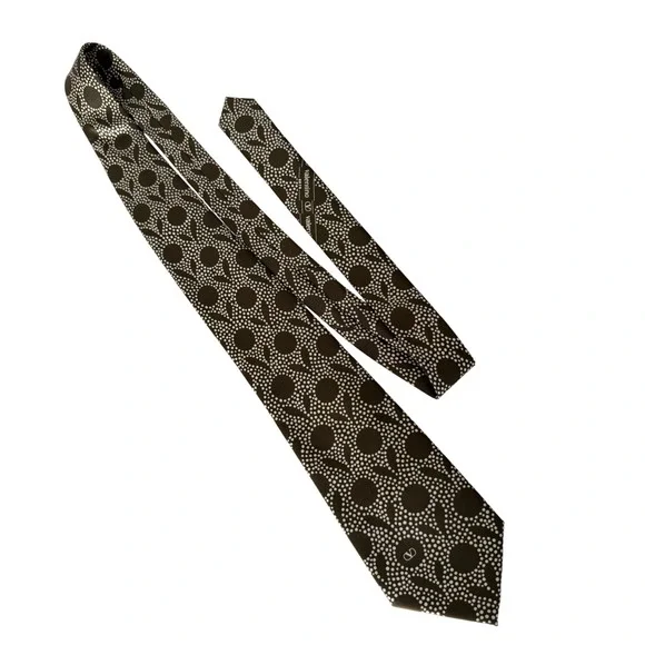 Valentino‎ Cravatte Mens Silk Tie Olive Green White Geometric Dot Logo Italy