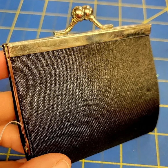 Black Satiny Coin Kiss Lock Clutch 3.5