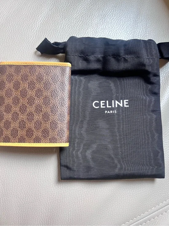 Celine Brown Triomphe Canvas Card Wallet with Yellow Trim