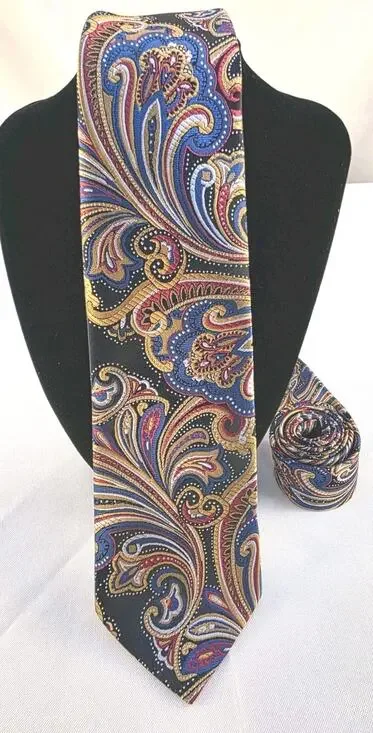 Classic Vintage Men's Tie Bright Paisley Blue Gold 100% Silk Jacquard Woven