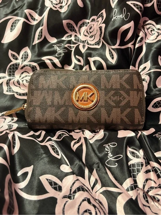Michael Kors Brown MK Monogram Zip Around Wallet with Gold Logo