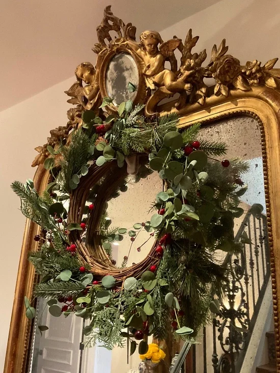 Set of three 22” Christmas wreaths with faux pine, eucalyptus and holy berries