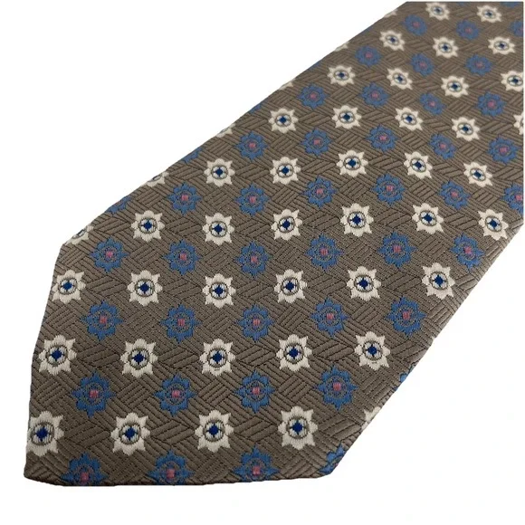 OAKTON LTD. Men's Tie Geometric Taupe Periwinkle Blue Cream Print Preppy Wedding