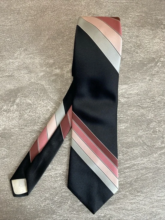 Men's Black Tie with Rose and Silver Stripe Accent