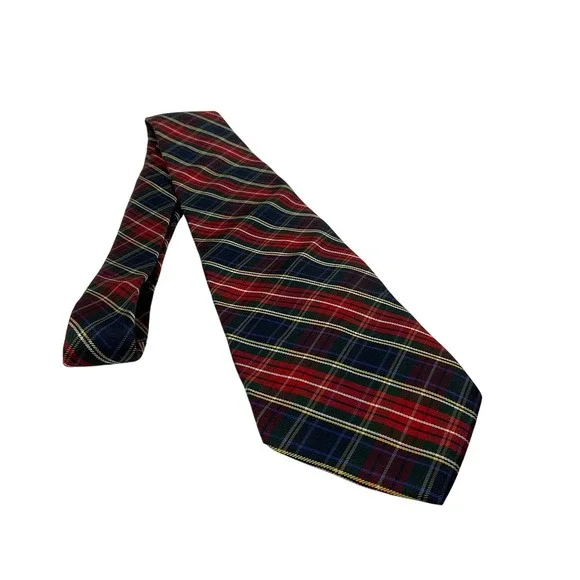 Lands End Vintage Navy Blue Red yellow White Tartan Men's Necktie Y2K‎ Old Money