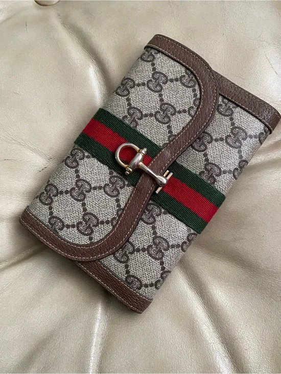 Vintage GUCCI Clutch Wallet Horsebit Clasp GG Leather Web Stripe Kisslock Coin
