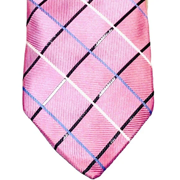 Paul Fredrick Tie Pink Plaid Repp Weave Hand Made Imported Silk Summery Preppy